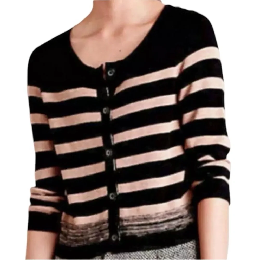 $129 Anthropologie Smooth Back Cardigan Large 10 12 Green White Striped Sweater - Picture 6 of 14